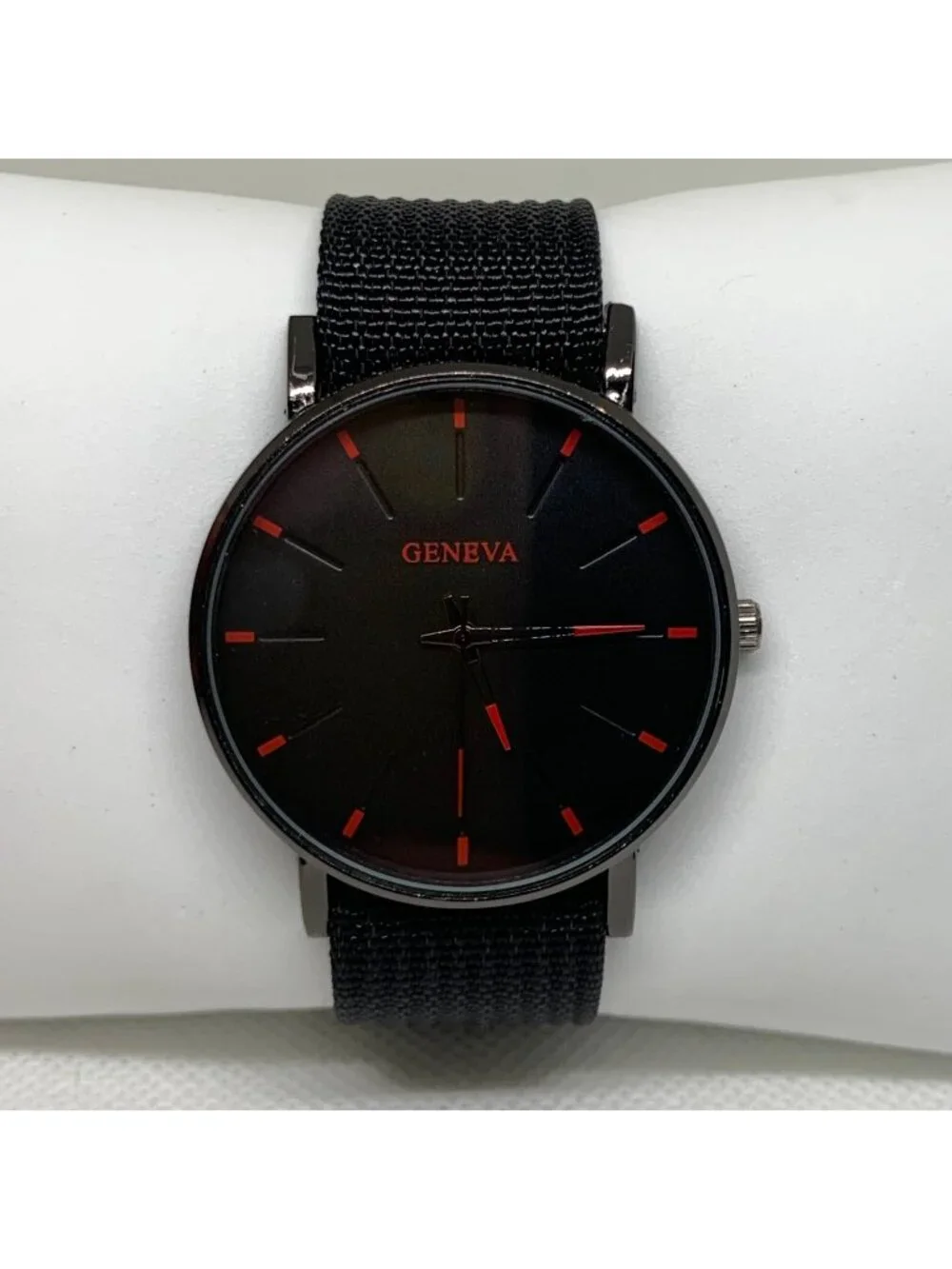 Geneva men’s black tone watch 40mm round case quartz analog nylon band running